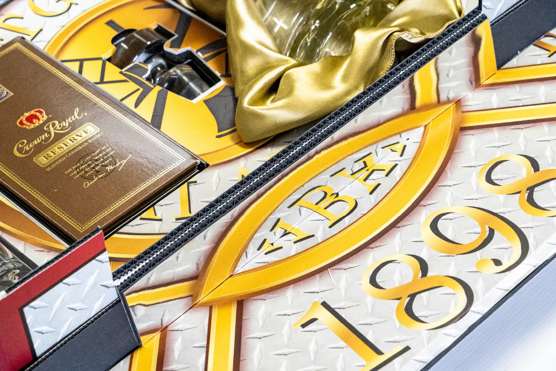 Close up photo of gold and red custom gift box