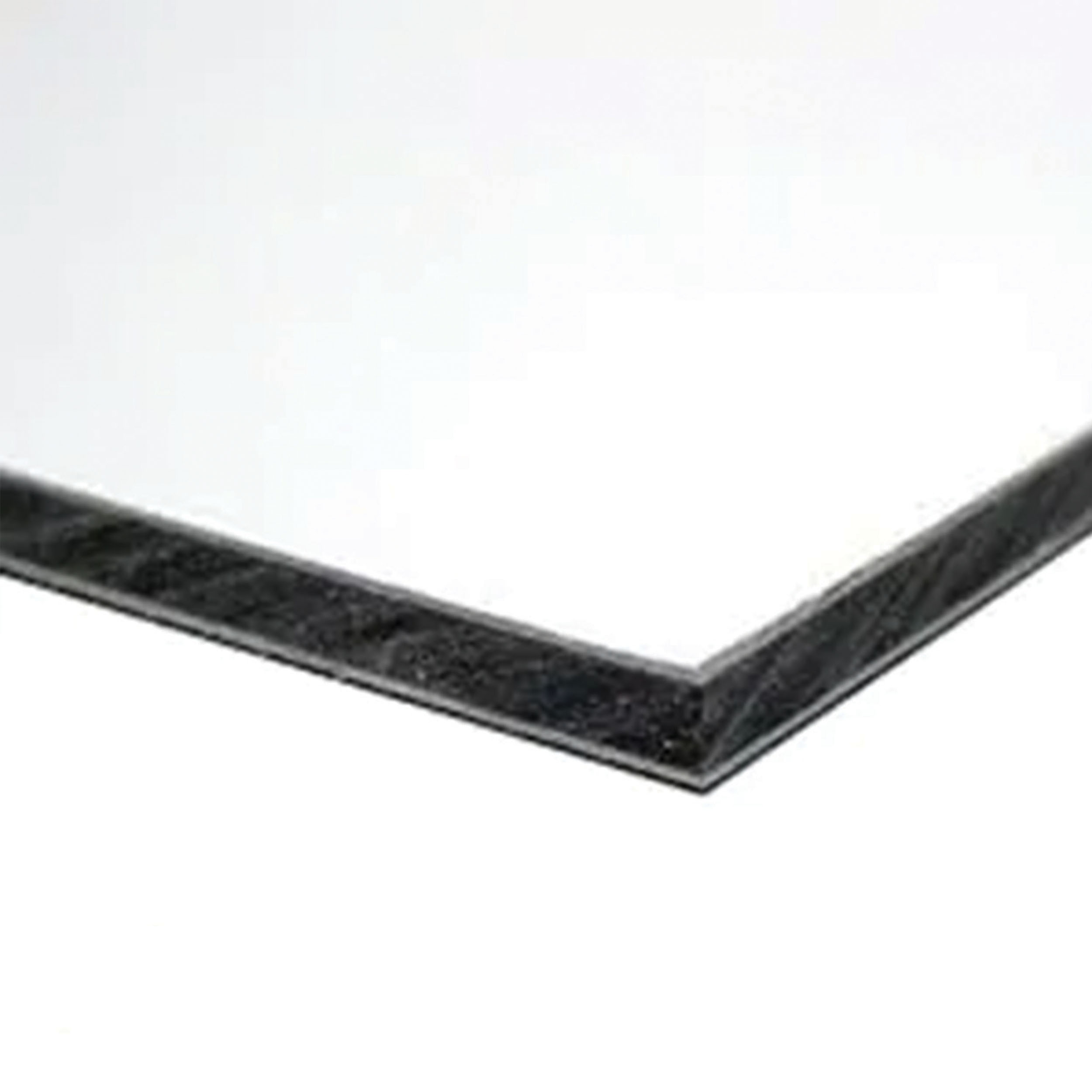 Square edge of Max Metal sheet showing two white layers and an inner black plastic layer.